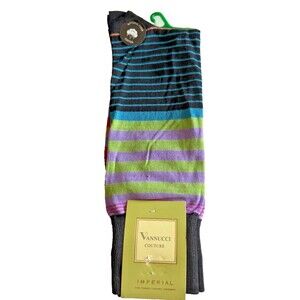 Vannucci Designer Dress Socks Mens Black Multi-Color Striped Cotton Blend 10-13